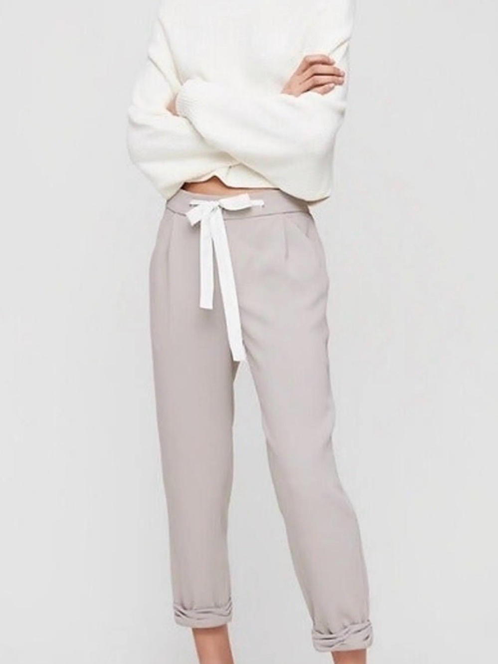 Aritzia Wilfred Gray Allant Cropped Ribbon Waist Tie Crepe Pants Sz 8